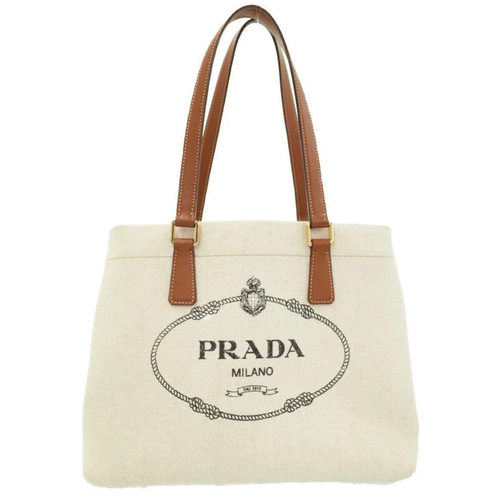 Prada canvas tote bag brown leather handles Beige White